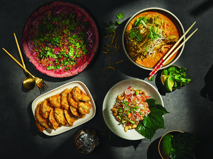 Clockwise, from top left: butter beef from Phnom Penh, Khao Soi chicken curry from Fat Mao, pomelo salad from Kin Kao Song, fried eggplant from Como Taperia