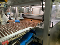 A chocolate waterfall inside the factory