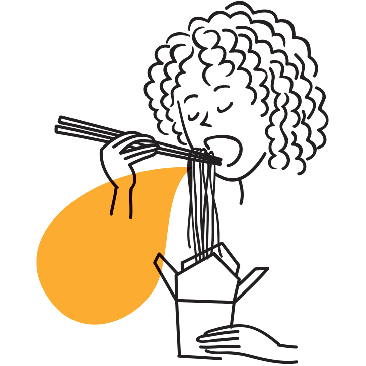 An illustration of a woman eating noodles with chopsticks out of a take out container