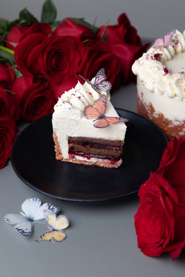 A slice of cake with pink and chocolate layers. There is a butterfly decoration on top. 