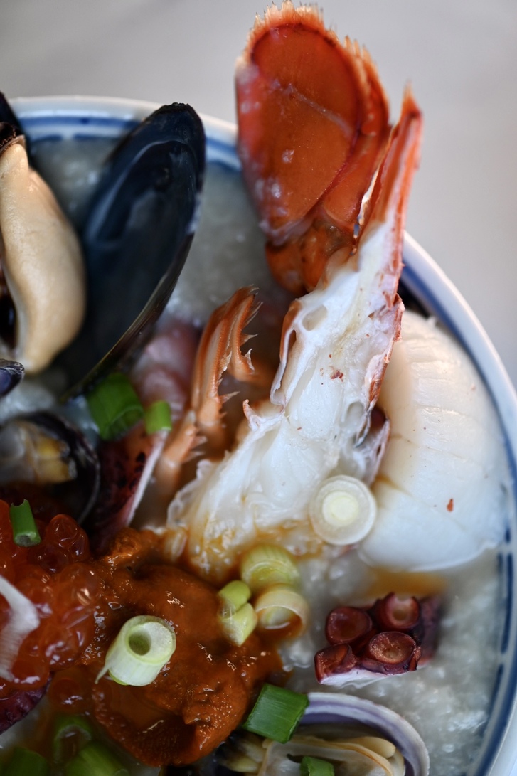 Close up of seafood congee