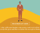 debonair cartoon man in suit on a colourful backdrop
