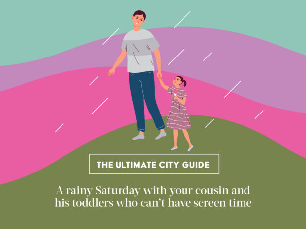 a cartoon dad and daughter holding hands in the rain on a colourful background