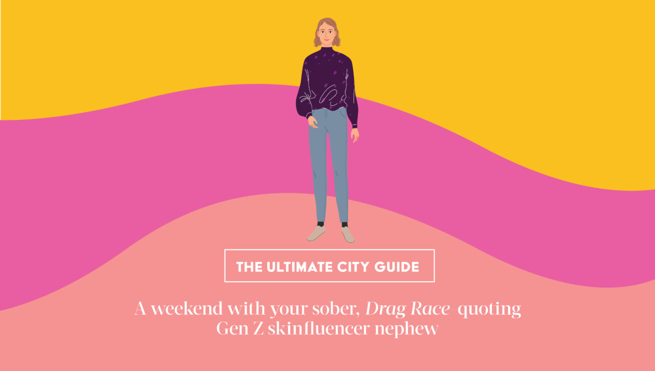 a cartoon of an androgynous blonde person on a colourful backdrop