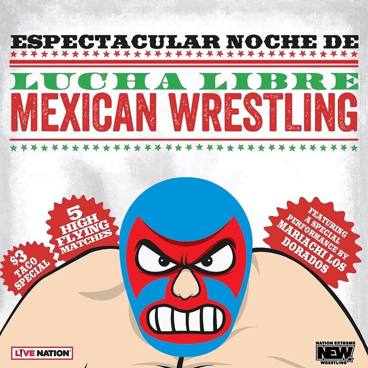 Poster image for wrestling show with text and drawing of masked wrestler