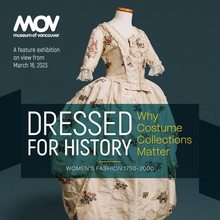 Promo with text overtop a picture of a period piece gown