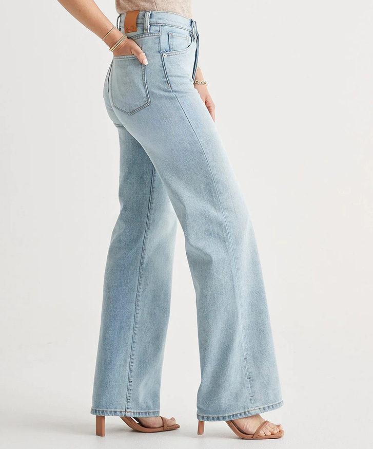 Duer's new midweight denim wide leg jeans, launched in 2023.