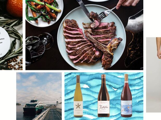 Father’s Day gift ideas collage featuring steak, wine, hand cream, ferry, and men’s pants