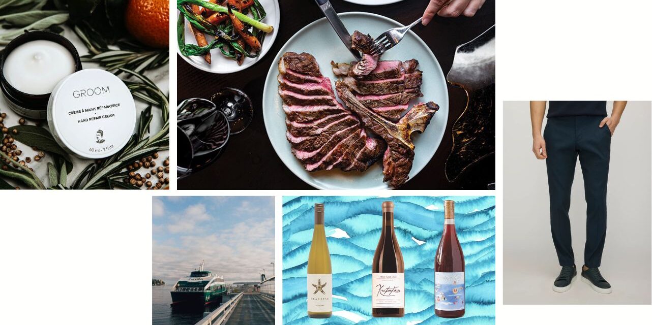 Father’s Day gift ideas collage featuring steak, wine, hand cream, ferry, and men’s pants