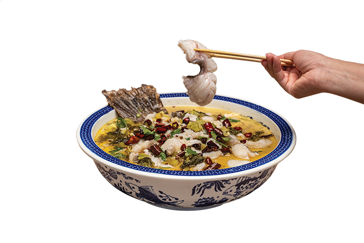 Chengdu-style sour cabbage spicy Sichuan peppercorn broth with filets of B.C. ling cod