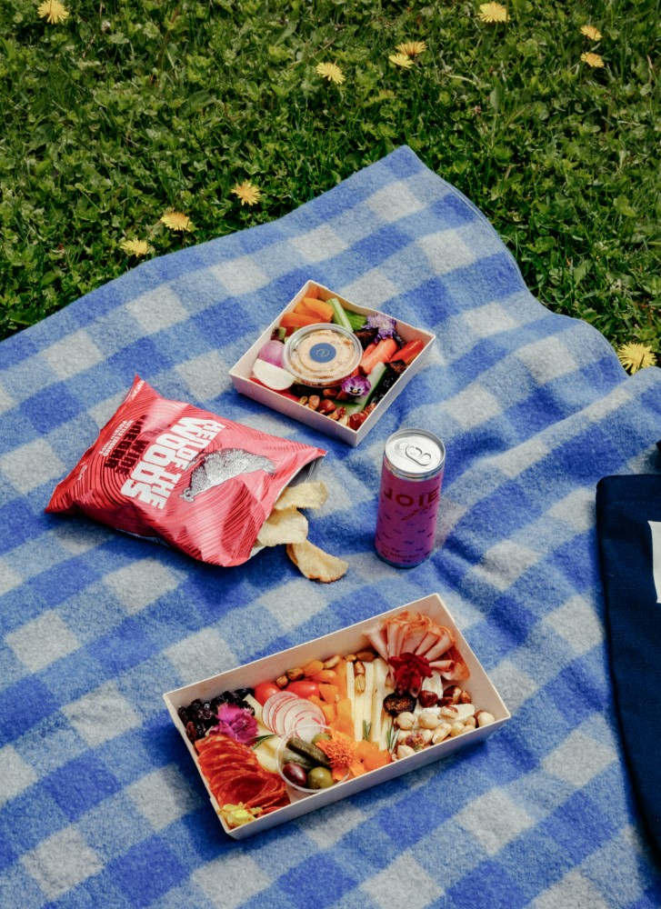 Picnic blanket with a charcuterie box, chips and snack