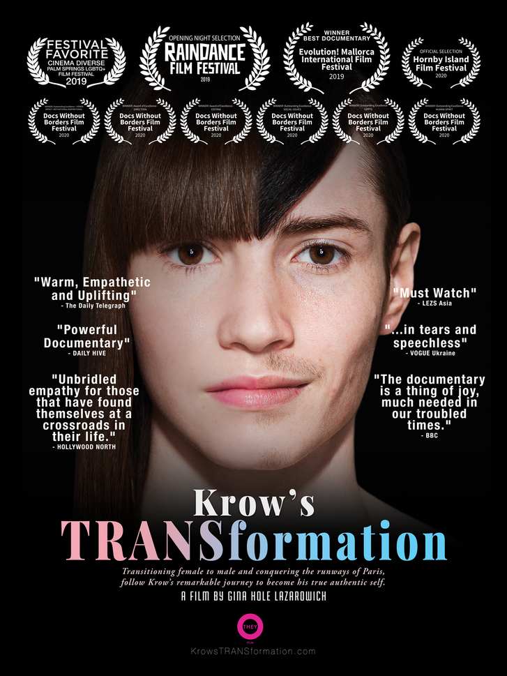 The film poster for TRANSformation with text and the image of a face where half has light facial hair.