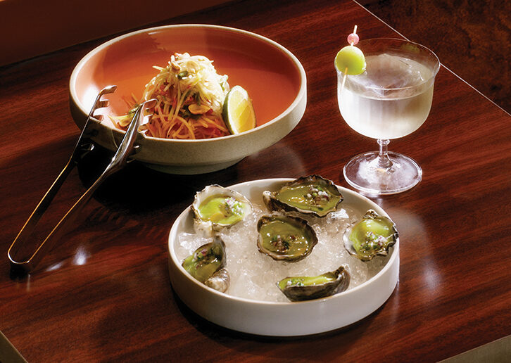 Meo’s Turkish famed green oysters and melon milk spicy margarita
