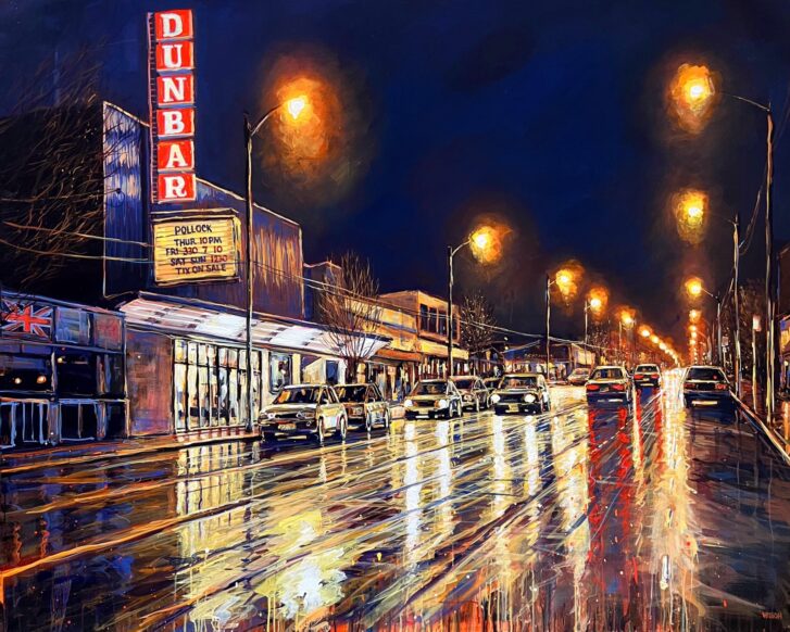 An acrylic painting of Dunbar street in the rain at night