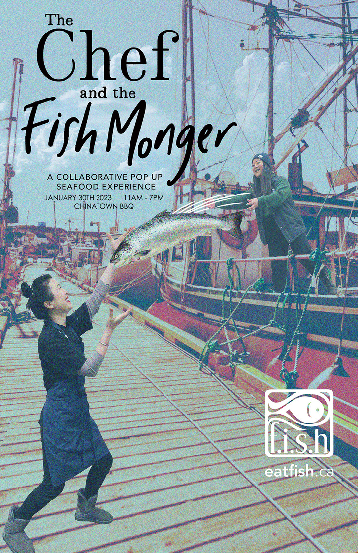 Poster for pop-up with text and image of woman throwing fish from boat to another woman