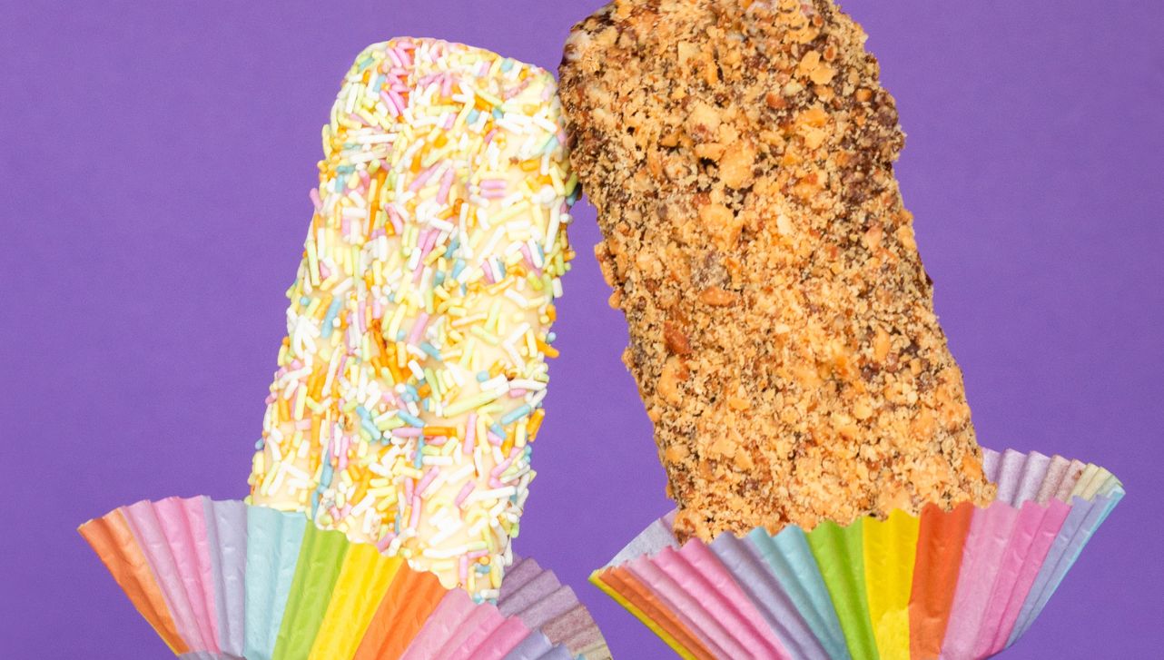 Left image: A vibrant rainbow with the Shine Bright Kit. Right image: Two hands holding the Ultimate Pride Bars, a product sold to raise funds for LGBTQ+ causes during Pride Month.