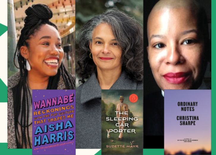 Three photos side by side of women with their books underneath. 