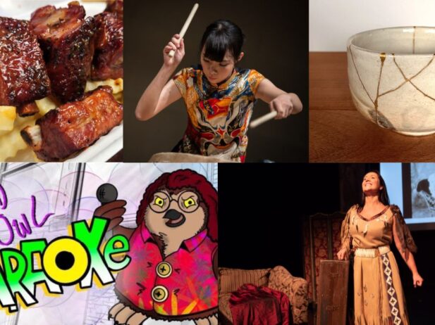 A collage featuring five images. Top left: a plate of glazed ribs on fries. Top center: a woman in a colourful dress performing a drumming act. Top right: a ceramic bowl with gold repair lines (Kintsugi). Bottom left: a colourful cartoon of an owl holding a microphone with the text 'Weird Owl Karaoke.' Bottom right: a woman in traditional attire on stage with a vintage photograph in the background.