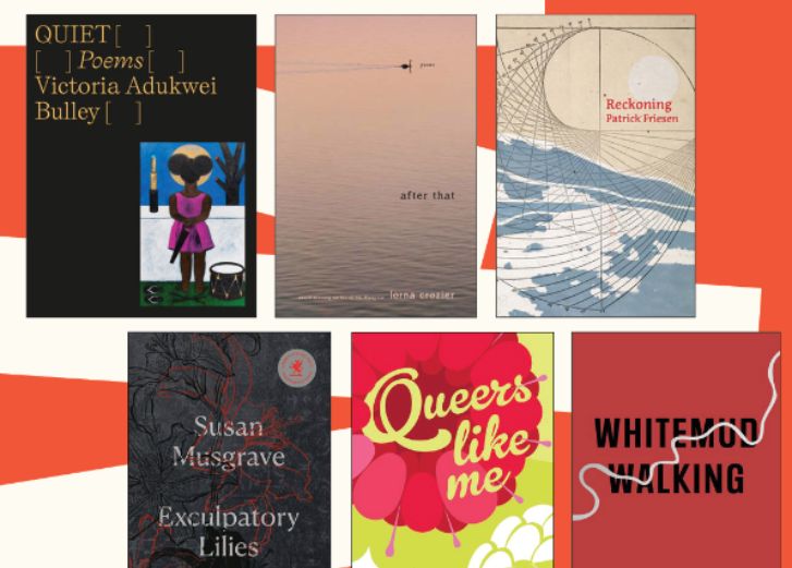 Six books laid on a red and white background. 