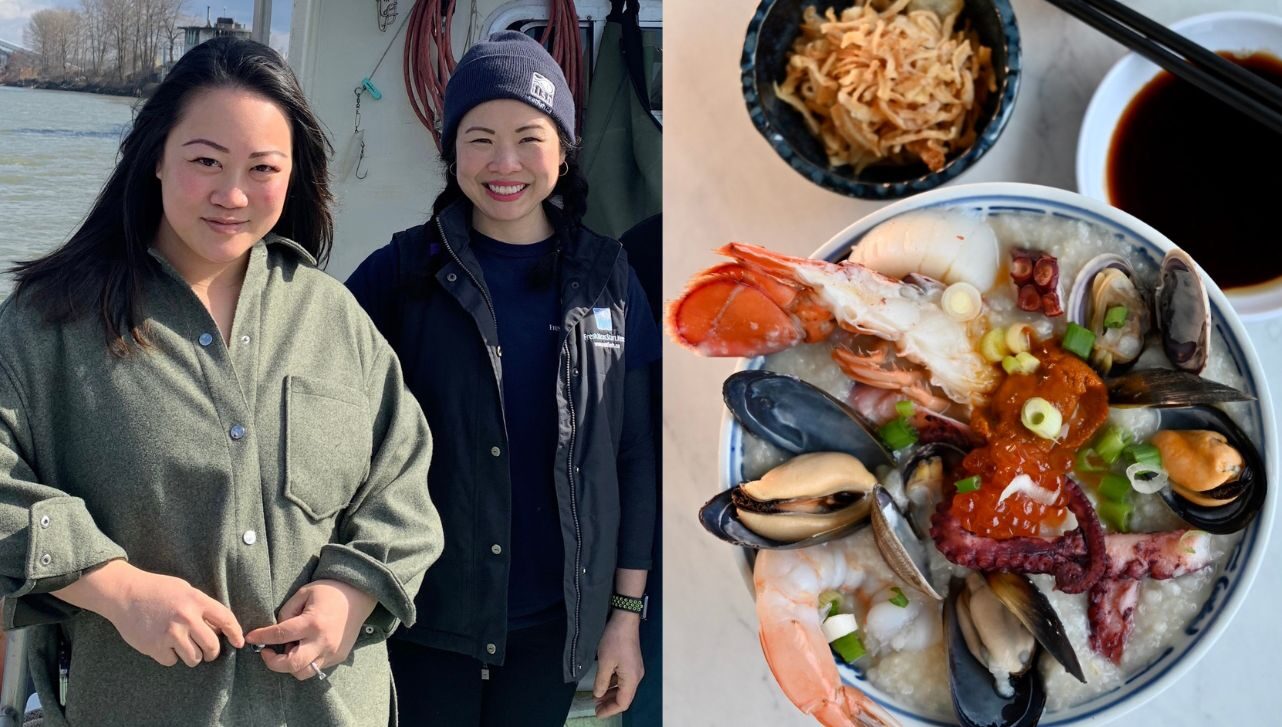 Dual picture of congee in bowl with seafood and picture of Deseree Lo and Jenice Yu on a fishing boat.