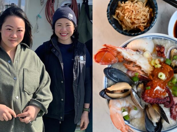 Dual picture of congee in bowl with seafood and picture of Deseree Lo and Jenice Yu on a fishing boat.