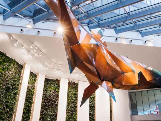 douglas coupland's spawn sculpture hangs in the vancouver centre 2 atrium