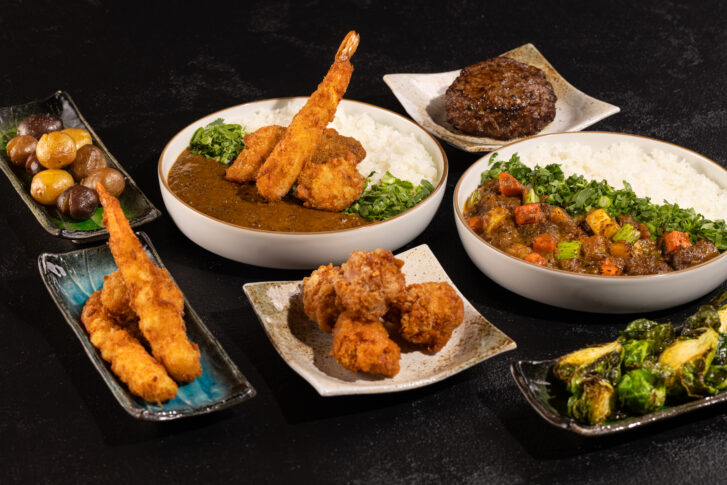Wa! Curry's add-ons include breaded shrimp fry, pork katsu, scallop fry, yellowtail fry, hamburger steak,Japanese fried chicken, kaisen fry medley, brussels sprouts, potatoes, sweet potatoes and crispy tempeh. 