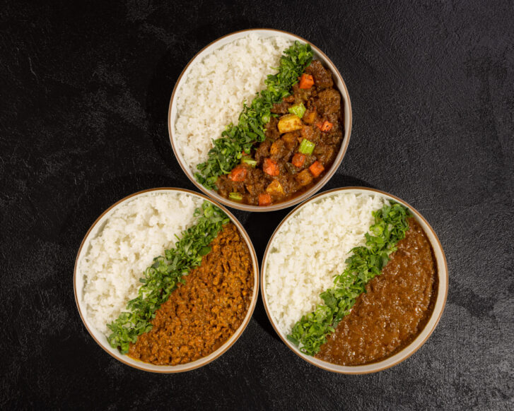 vegan keema curry and Iwate A5 wagyu curry stew (stew comes with carrots, potatoes, celery and onions. Photo: Mark Yuen.