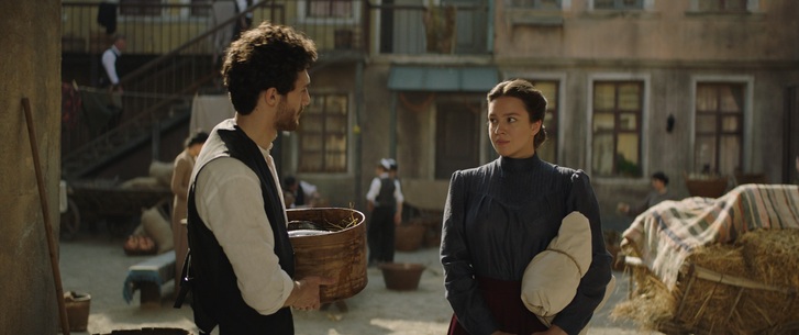 Still from film. Period piece, a woman and a man in period attire.