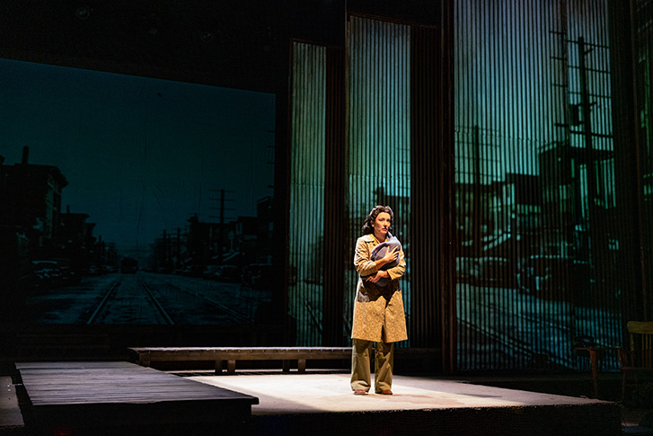 Yoshie Bancroft in Forgiveness, 2023: set design by Pam Johnson; costume design by Joanna Yu; lighting design by John Webber; photo by Moonrider Productions