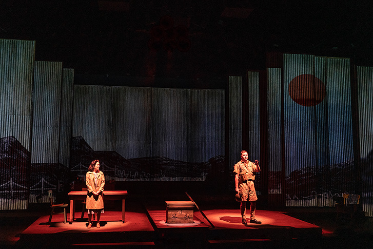 Yoshie Bancroft and Griffin Cork in Forgiveness, 2023: set design by Pam Johnson; costume design by Joanna Yu; lighting design by John Webber; photo by Moonrider Productions