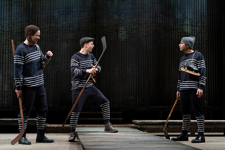 Griffin Cork, Fionn Laird, and Jacob Leonard in Forgiveness, 2023: set design by Pam Johnson; costume design by Joanna Yu; lighting design by John Webber; photo by Moonrider Productions