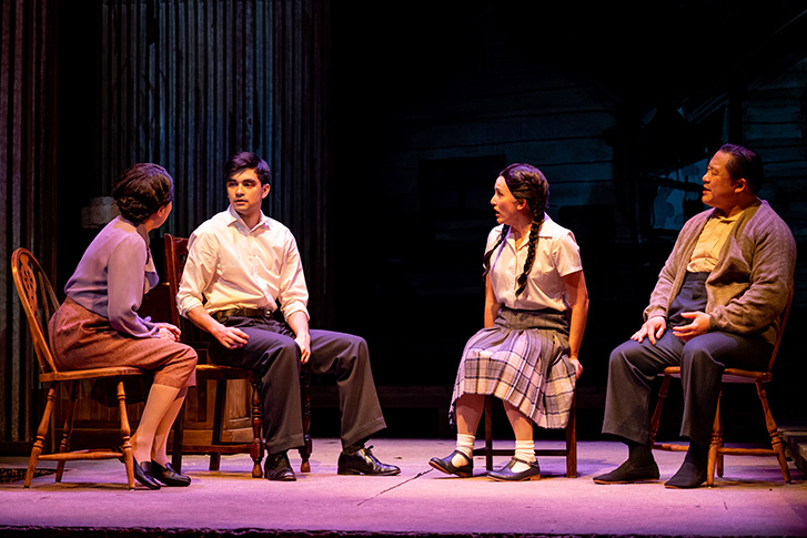 Manami Hara, Daniel Fong, Yoshie Bancroft, and Jovanni Sy in Forgiveness, 2023: set design by Pam Johnson; costume design by Joanna Yu; lighting design by John Webber; photo by Moonrider Productions