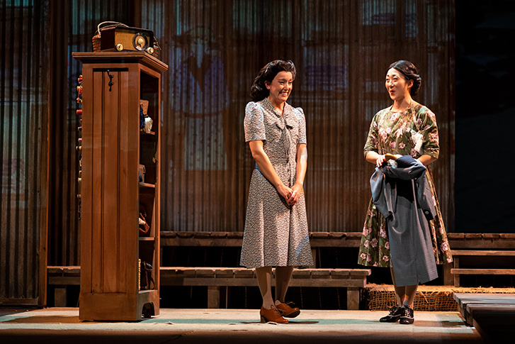 Yoshie Bancroft and June Fukumura in Forgiveness 2023: set design by Pam Johnson; costume design by Joanna Yu; lighting design by John Webber; photo by Moonrider Productions