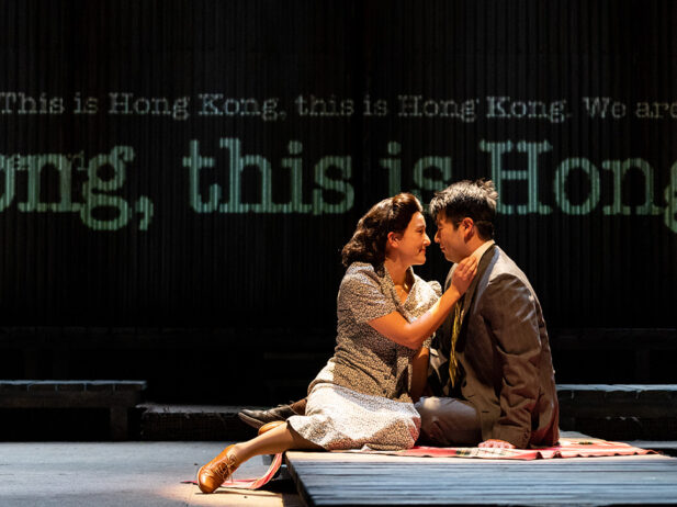 Yoshie Bancroft and Kevin Takahide Lee in Forgiveness, 2023: set design by Pam Johnson; costume design by Joanna Yu; lighting design by John Webber; photo by Moonrider Productions
