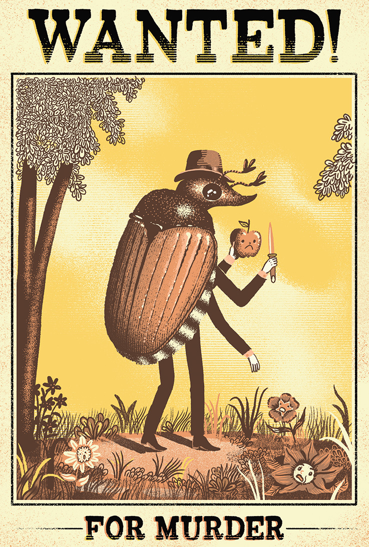 cartoon beetle depicted as an old timey villan on a wanted poster