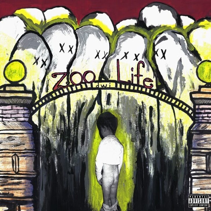 Cover of album, naked boy standing in front of Zoo Life sign with ghosts