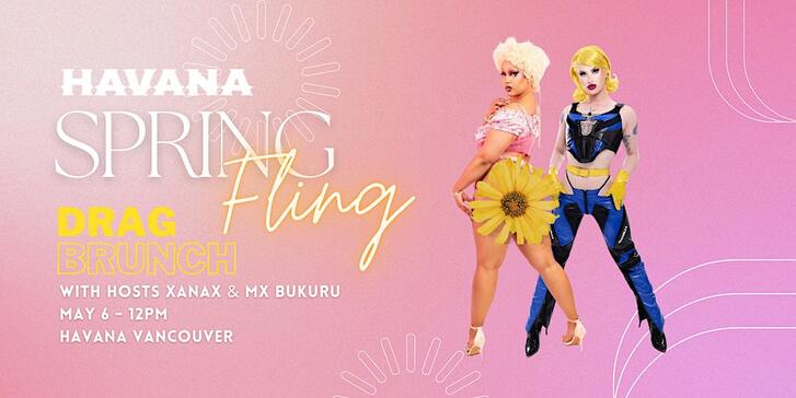 Promo with two drag stars posing with a flower covering one of their bottoms and text.