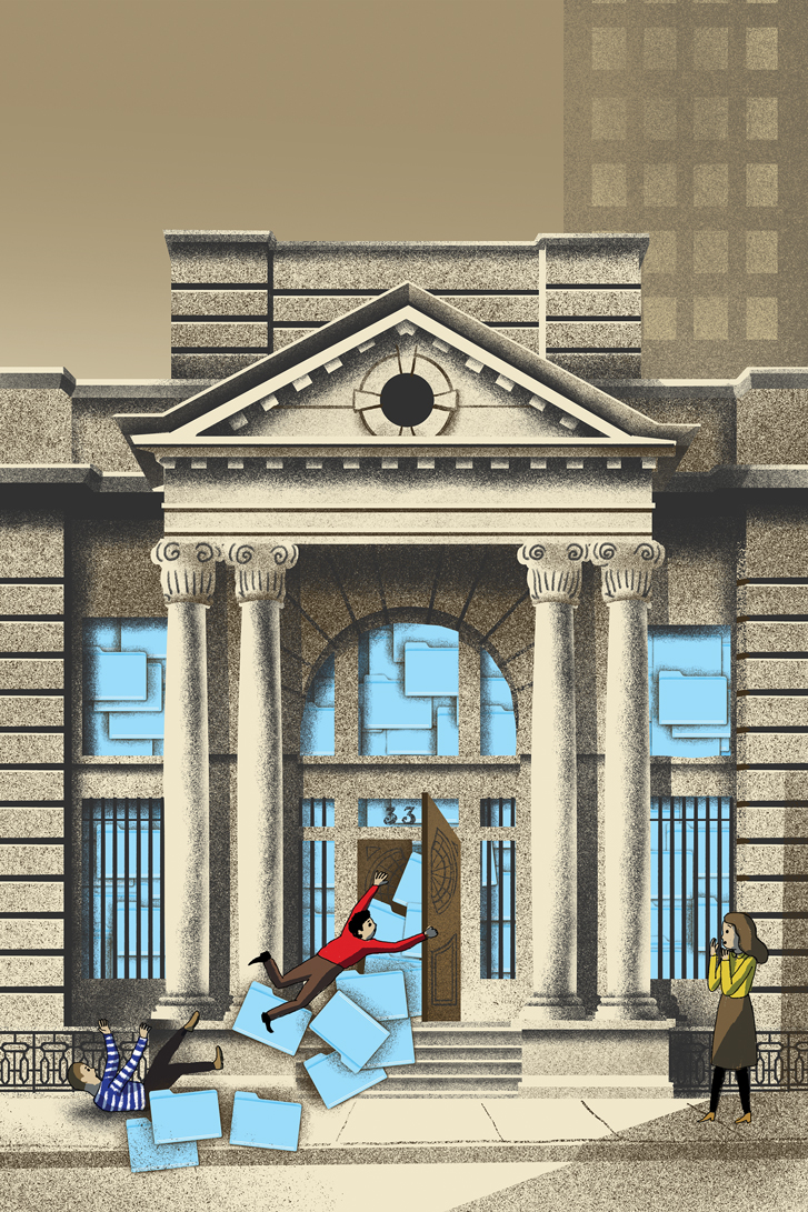 an illustration of a man trying to close the doors of an ornate classical building because file folders are pouring out. (The file folders are styled to look like the icon used on computer desktops for storage.)