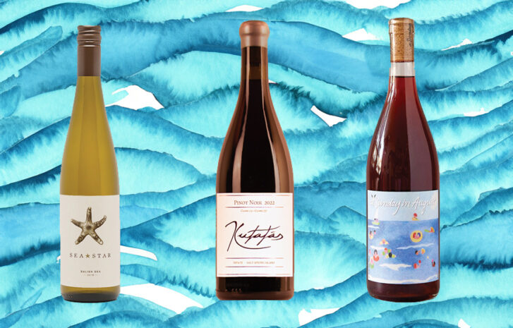 B.C. Island Wine Bottles: Sea Star Vineyard Salish Sea, Kutatás Estate Pinot Noir 2022, and A Sunday in August Island Vibes.