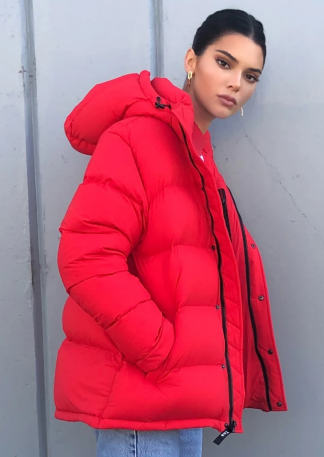 Kendall Jenner in a red Puffer jacket in front of a grey wall