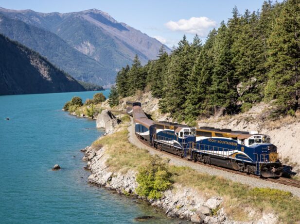 Rocky Mountaineer train travelling the Rockies.