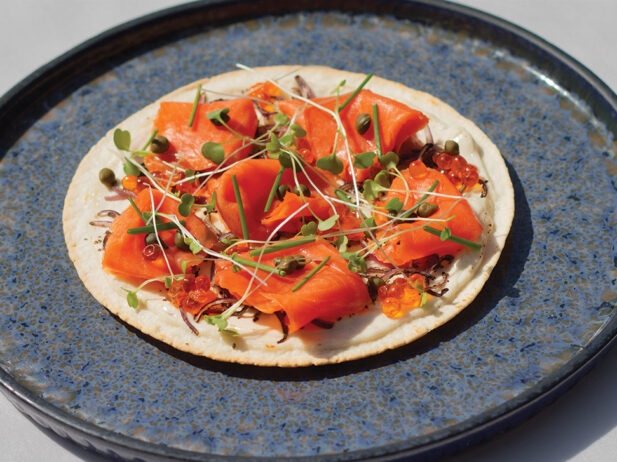 Smoked salmon tarte flambée