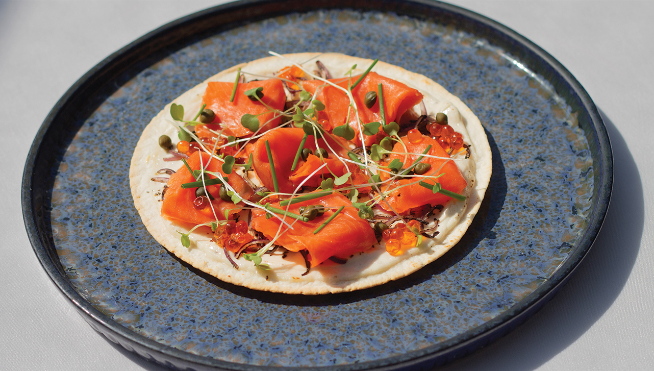 Smoked salmon tarte flambée