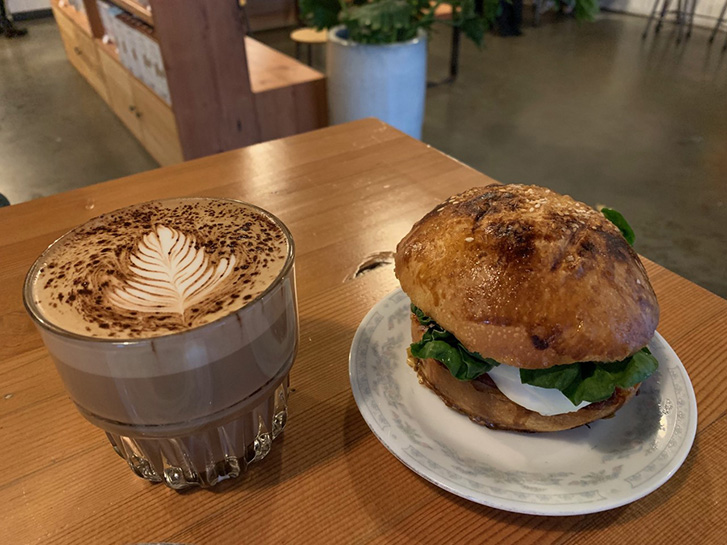 A mocha and breakfast sandwich at Old Hand Coffee.