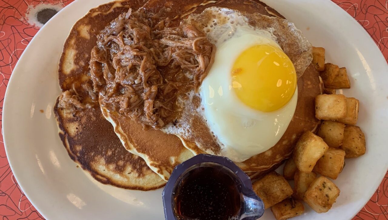pulled pork pancake from lucy's diner