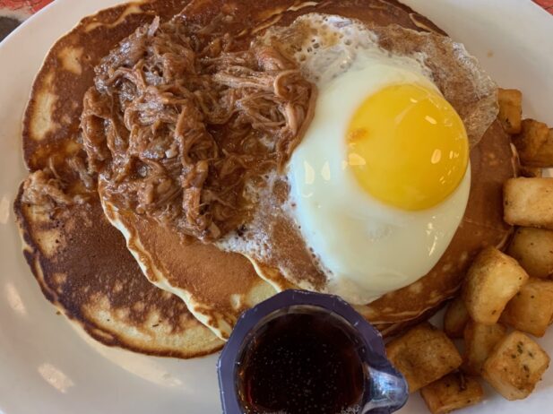 pulled pork pancake from lucy's diner