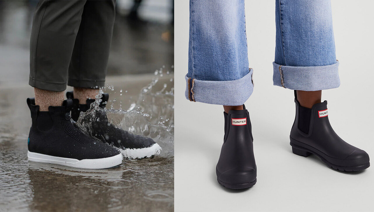 Vessi's chelsea boots pictured alongside hunter's chelsea boots